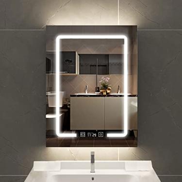 Imagem de SPXMQSS Armário de espelho de LED, armários de banheiro espelhados inteligentes antiembaçamento, luz de 3 cores com prateleiras, armários de banheiro com luzes com temperatura de tempo, exibição de