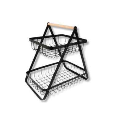 Imagem de Fruteira de 2 Andares em Metal Fosco com Alça de Madeira – Cores Sortidas, Design Moderno, Organização Sofisticada e Estilo Premium para Cozinha