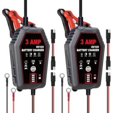 Imagem de Carregador e mantenedor de bateria de motocicleta de 3 AMP, pacote com 2, carregador de bateria inteligente totalmente automático de 6 V/12 V para baterias LiFePo4 de chumbo-ácido de lítio, adequado