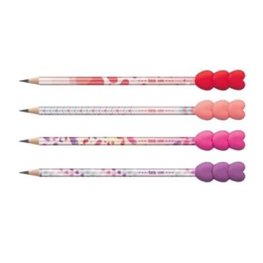 Imagem de 4 Lápis Preto Tris HB com Topper Love Kit 4 Unidades Decorado com Borracha Escrita Escolar Fofa