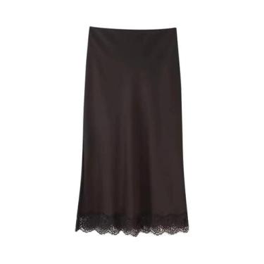 Imagem de Saia Longa Elegante De Cetim Com Renda Para Mulheres, Alta Qualidade, 