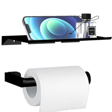 Imagem de Suporte autoadesivo de papel higiênico com prateleira de telefone, suporte de rolo de papel higiênico preto montado na parede com prateleira, à prova de ferrugem e suporte de rolo de papel higiênico