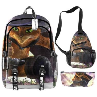 Imagem de Conjunto de mochilas Puss in Boots, bolsa escolar de anime para crianç