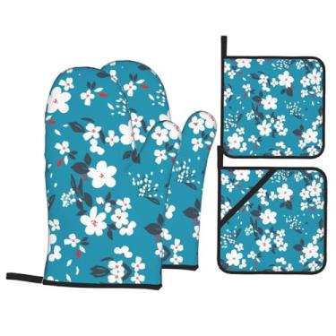 Imagem de Conjunto de luvas de cozinha com estampa floral contratada com suportes de tampa, luvas de forno resistentes ao calor para manusear panelas quentes, grelhar, churrascos, kit de 4 peças.