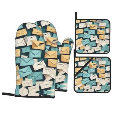 Imagem de Papelaria postal - Conjunto de luvas de cozinha estampadas com suportes de tampa, luvas de forno resistentes ao calor para manusear panelas quentes, grelhar, churrascos, kit de 4 peças.