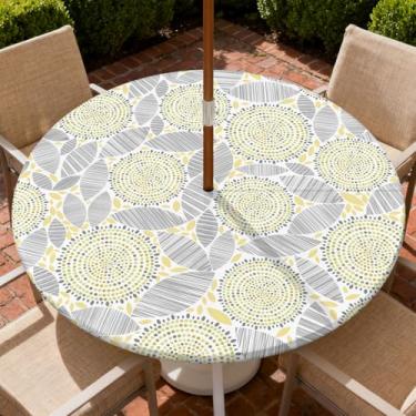 Imagem de Yesad Toalha de mesa redonda para uso ao ar livre com orifício para guarda-chuva, toalha de mesa com zíper e borda elástica, capa de toalha de mesa à prova d'água para piqueniques, serve para mesa