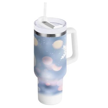 Imagem de Kigai Copo de 1,134 g com alça, bolas de Natal azuis e brancas copos isolados com tampa e canudo, garrafa de água esportiva de metal grande, caneca de café de viagem de aço inoxidável