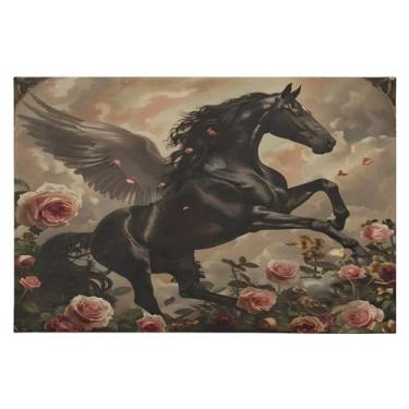 Imagem de Tapete de área 60 x 90 cm macio lavável tapete antiderrapante com fundo de borracha cavalo flores tapetes de área para sala de estar, quarto, decoração de casa