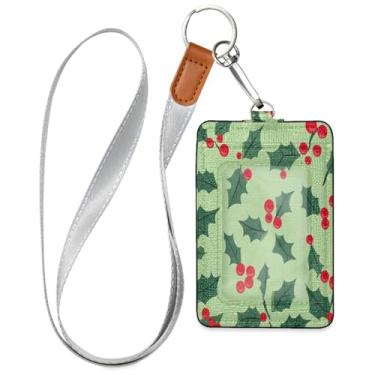 Imagem de Wassud Cordão de couro PU com padrão de azevinho de Natal para crachás de identificação, porta-chaves, porta-crachás, cartões de crédito para escritório, funcionários, estudantes, funcionários