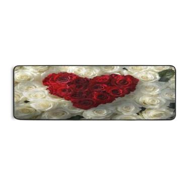 Imagem de Burbuja Tapete de corredor de rosas coração dos namorados 61 x 183 cm, tapete lavável antiderrapante com suporte de borracha, tapete para sala de estar, corredor, decoração de casa