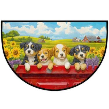 Imagem de cfpolar Tapete de porta metade redondo de girassol para entrada interna, meio círculo, tapete semicircular, tapete de meia lua, para chão, banheiro, sala de estar, quarto, cozinha, lareira 61 x 91 cm