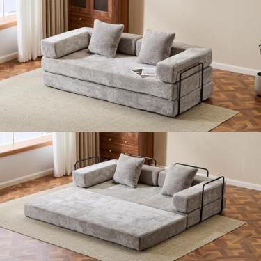 Imagem de Sofá-cama conversível, sofá-cama de 196 cm tamanho casal com apoios de braço em forma de L, sofás-cama queen size para sala de estar pequena para sala de estar, quarto, chenille, cinza claro