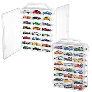 Imagem de 2Pcs Double Sided 1/64 Scale Toy Car Storage Case with Carrying Handle, Portable Transparent Storage Case Compatible with Matchbox Car Hot Wheels, 92 Slot Transparent Organizer for 96 Toy Cars