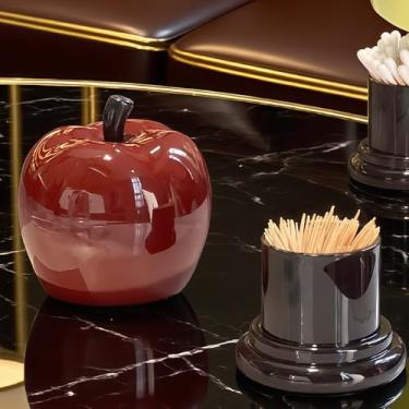 Imagem de Suporte de palito de maçã vermelha - organizador de cotonete e fio dental de cerâmica, decoração de casa com tema de frutas fofas para bancada de cozinha