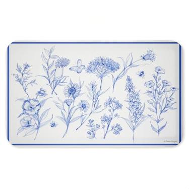 Imagem de Tapete antifadiga de raminhos de flor azul único, tapete ergonômico acolchoado para cozinha e pé com suporte antiderrapante, tapete confortável ecológico, design por Susan Winget, 76 cm x 45 cm