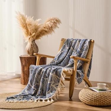 Imagem de DOWN HOME Cobertor Boho para sofá, cobertor leve de algodão chenille para cama, sofá, cadeira, sala de estar, ao ar livre, macio, aconchegante, decoração de casa, com borla, presente, folhas marinhas