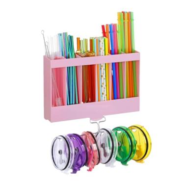Imagem de Suporte de canudo acrílico de 25 cm para porta de armário com organizador de tampa de copo, armazenamento de canudo grande com suporte de tampa de copo reutilizável e adesivo lavável, organizador de