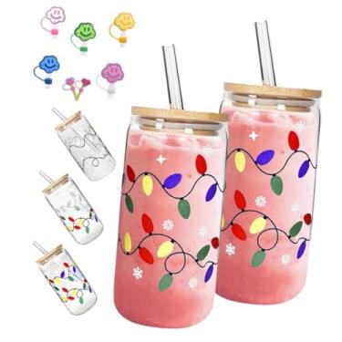 Imagem de SNCIDSGE Copo de Natal que muda de cor, tampa à prova de vazamento de bambu e canudo de aço, caneca de viagem reutilizável para café gelado, smoothie, coquetel, copo de presente de decoração de festa
