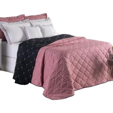 Imagem de Cobre Leito Tamanho Queen Tecido Hipercal 400 Fios Dupla Face Cores Distintas Bordado Kit 7 Peças Preto e Rosê