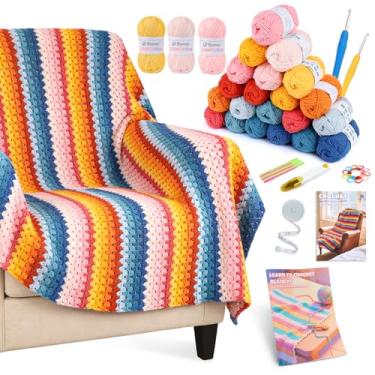 Imagem de Reessy Kit de cobertor de crochê para iniciantes e adultos – 24 novelos (12 cores), kit de crochê de fio de algodão de leite com ganchos e tutoriais – Kit completo de crochê para iniciantes para