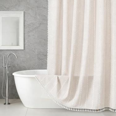 Imagem de UKQRRTC Cortina de chuveiro boho, cortinas de banho à prova d'água com borla branca com 12 ganchos de plástico, bege texturizado de 183 x 183 cm, secagem rápida, longa duração e resistente a rugas
