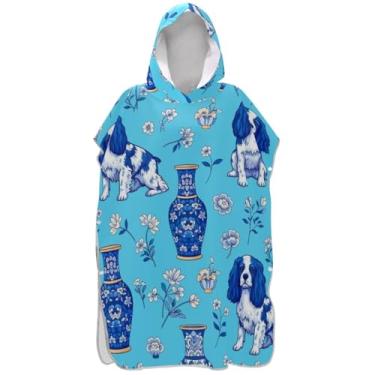 Imagem de Joisal Poncho de surfe trocador de roupão para praia Adul toalha de banho com capuz reutilizável azul branco porcelana cães ponchos adultos para mulheres
