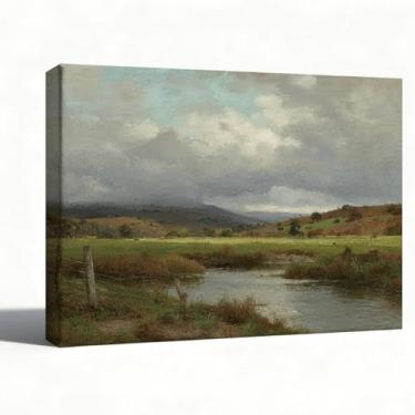 Imagem de Arte de parede em tela de paisagem, pintura a óleo Misty Hills and Quiet Lake, impressionista, pronta para pendurar, exibição de mesa, decoração de quarto de sala de estar de fazenda, 20 x 25 cm
