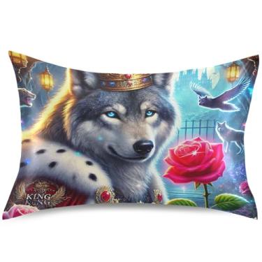 Imagem de Capa de almofada de cetim engraçada com estampa de lobo floral King Queen Standard Slip Comfort Cooling Pillow Cover Bed Pillows Decor, Queen Size, 76,2 cm x 50,8 cm