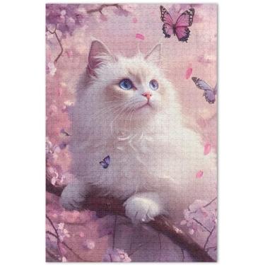 Imagem de Quebra-cabeça de gato rosa Ragdoll flor de cerejeira 1000 peças adultos arte animal impressão quebra-cabeça cena de outono engraçado presentes de jogo de quebra-cabeça, 75 x 40 centímetros