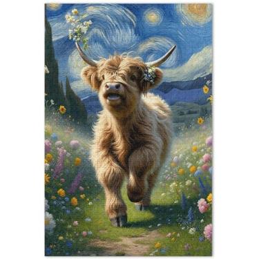 Imagem de Quebra-cabeça personalizado primavera floral vaca highland bezerro adulto 500 peças cenário arte floral paisagem amigos família jogos presentes, 51 x 35 centímetros