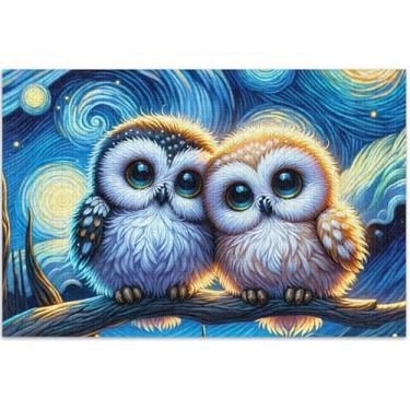 Imagem de Corujas Pássaros Bonitos Quebra-cabeça Noite Estrelada 500 Peças Quebra-cabeça Adultos Jogo Engraçado Presentes Natureza Quebra-cabeça Flor Pintura Animal, 50 x 37 centímetros