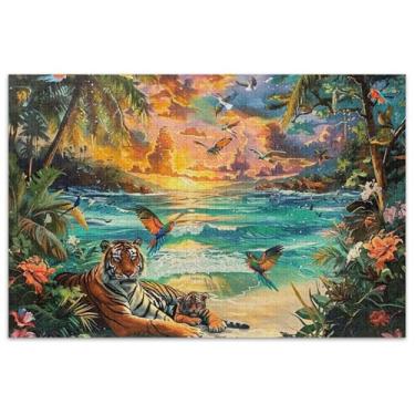 Imagem de Quebra-cabeça de paisagem tigres praia 1000 peças adultos jogo engraçado presentes arte quebra-cabeça arte decoração