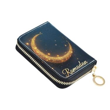 Imagem de Carteira feminina de couro, porta-cartão de crédito, bloqueio de RFID, zíper ao redor de moedas, bolsa com zíper, estrela, lua, preto, amarelo