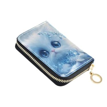 Imagem de Carteira feminina de couro com bloqueio de RFID, carteira pequena para dinheiro de viagem com bolso para moedas, gato branco fofo azul inverno