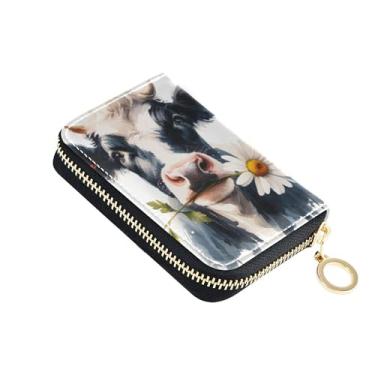 Imagem de Carteira feminina de couro com bloqueio de RFID, com zíper, porta-moedas com chaveiro, linda vaca preta e branca