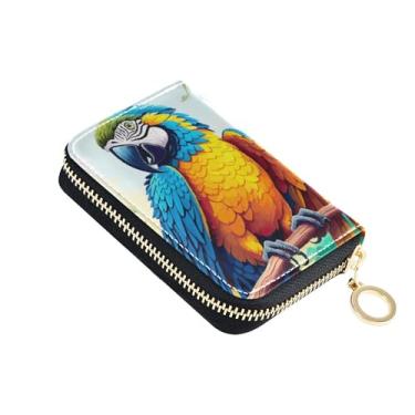 Imagem de Carteira feminina com zíper e bloqueio de RFID, carteira de couro para moedas com zíper azul amarelo arara tropical arte tropical