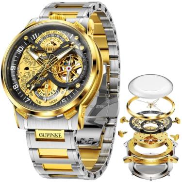 Imagem de OLEVS Relógios masculinos esqueleto automático mecânico automático relógio de luxo relógio masculino de aço inoxidável à prova d'água luminoso Wirstwatch presente para homens, Ouro 3278, 3278-gold