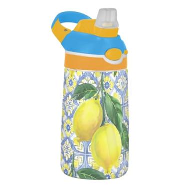 Imagem de Garrafa de água esportiva infantil de 473 ml com tampa de palha, garrafa de água à prova de vazamento para escola, copo infantil Tritan de 473 ml, alça de transporte, impressão verde e amarelo limão