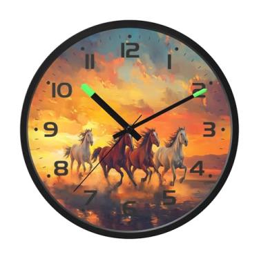 Imagem de SEHANY Relógio de parede artístico majestoso cavalos silencioso, sem tique-taque, relógio redondo operado por bateria, controle de som, luz noturna, relógios de parede para sala de estar, cozinha