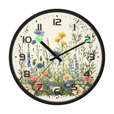 Imagem de SEHANY Herb Wildflower Relógio de parede silencioso sem tique-taque relógio redondo operado por bateria 30 cm controle de som luz noturna relógios de parede para sala de estar, cozinha, quarto