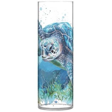 Imagem de Aquarela tartaruga marinha azul cilindro centro de mesa vaso de flores redondo bonito personalizado moderno decoração de sala de estar, 30 cm x 9,9 cm