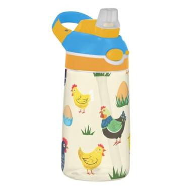 Imagem de Cute Farm Chickens Garrafa de água infantil amarela 473 ml Garrafa de água esportiva reutilizável com tampa de canudo 473 ml Copos de viagem à prova de vazamento Tritan para crianças, portátil, alça