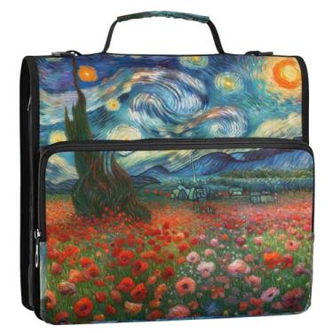 Imagem de Fichários de 3,8 cm com 3 anéis, para serviço pesado, papoulas, flor, noite estrelada, organizador de fichários escolares com alça de ombro, carteira de estudante, suporte para 500 folhas