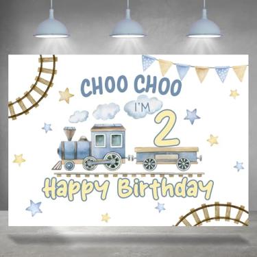 Imagem de Rsuuinu Pano de fundo de 2º aniversário para meninos ChooChoo fundo de fotografia de estrelas de trem azul para crianças, decoração de festa de segundo aniversário, banner de mesa de bolo, suporte de