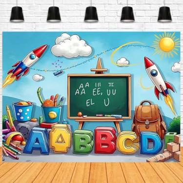 Imagem de Cenários de jardim de infância de desenho animado de volta às aulas, quadros-negros, blocos de construção, livros e material escolar, céu azul e nuvens brancas, foguete de desenho animado (A, 2,1 x