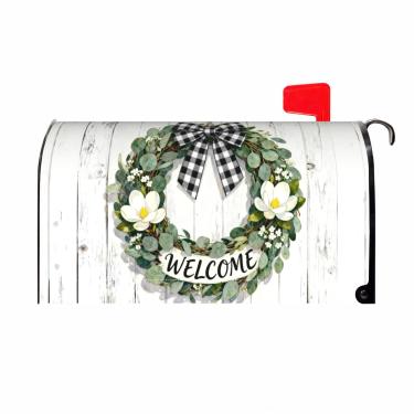 Imagem de Capas de caixa de correio Welcome Primavera Verão Tamanho Padrão Magnético Folhas de Eucalipto Floral Xadrez Grinalda de Madeira Sazonal Exterior Decorativa Caixa de Carta Caixas para Casa Jardim