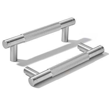 Imagem de khtumeware Pacote com 10 puxadores de alumínio de 96 mm (3-3/4 pol.) Puxadores de armário de níquel acetinado escovado serrilhado puxadores de gaveta ferragens de cozinha puxadores de cozinha para