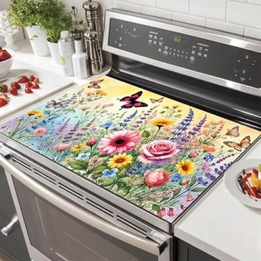 Imagem de HOMETITUTE Capas superiores de fogão de borboleta silvestre para fogão elétrico 71 x 50 cm almofada decorativa de vidro para placa de fogão resistente ao calor tapete de bancada de cozinha para pias e