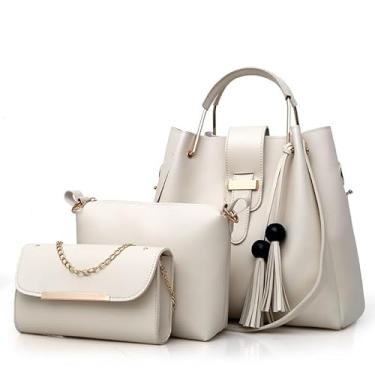 Imagem de Conjunto de Bolsas Femininas 3 Peças, Couro Sintético Branco Marfim, Bolsa Tote com Alça de Ombro, Bolsa Transversal e Carteira com Corrente