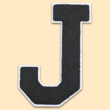 Imagem de QianSiLi Remendos de letras universitárias de chenille preto de 11 cm, letras grandes para jaquetas Letterman, moletons com capuz, mochilas, coletes, roupas, adesivos individuais da letra J